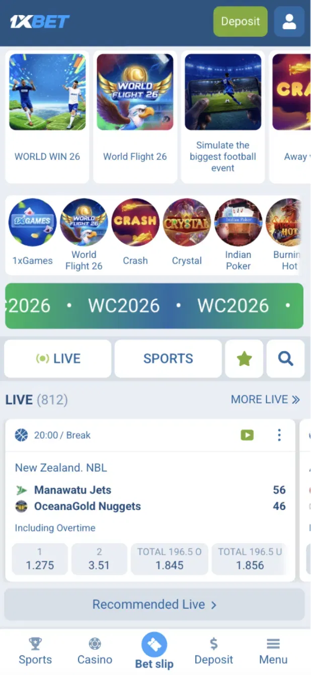 1xBet Ghana app lobby with live sports and casino games side by side
