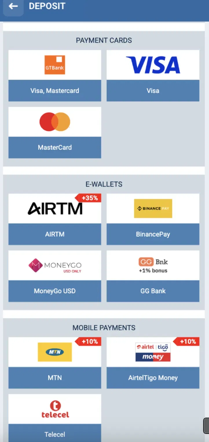 1xBet Ghana deposit methods: cards, e-wallets, MTN, AirtelTigo and Telecel