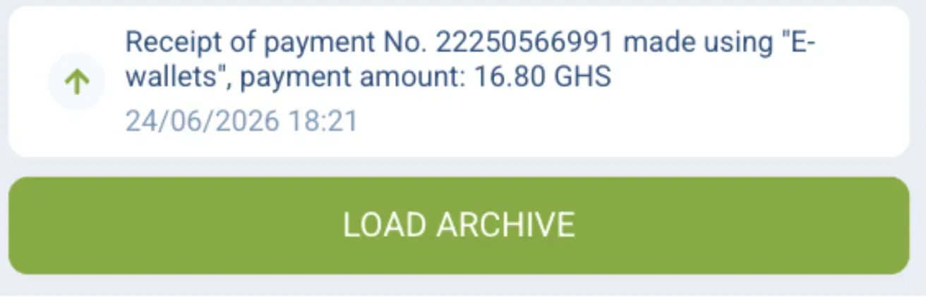 1xBet Ghana deposit receipt for 16.80 GHS, 24 June 2026