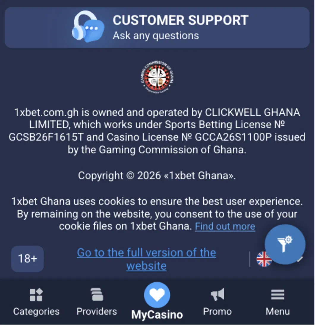 1xBet Ghana licence footer showing CLICKWELL GHANA LIMITED and Gaming Commission of Ghana licences