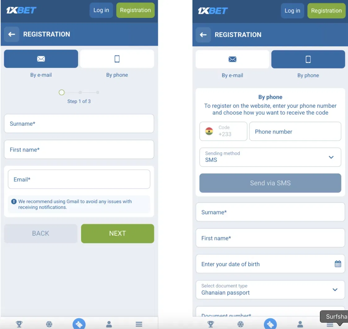 1xBet Ghana registration form with Ghanaian passport and +233 phone number
