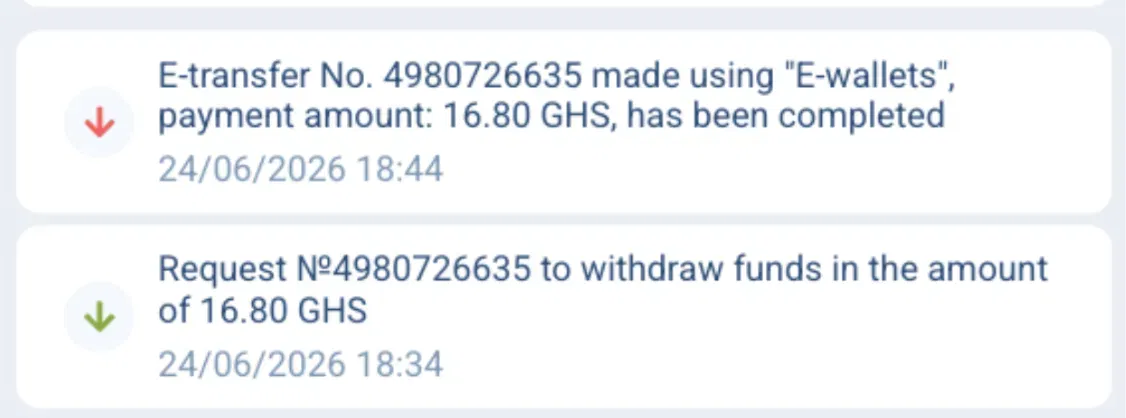 1xBet Ghana withdrawal of 16.80 GHS completed about 10 minutes after the request