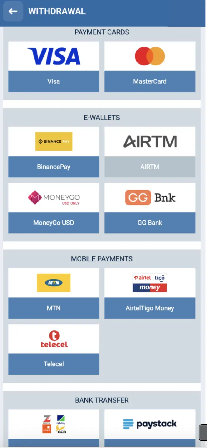 1xBet Ghana withdrawal methods including MTN, AirtelTigo, Telecel and Paystack