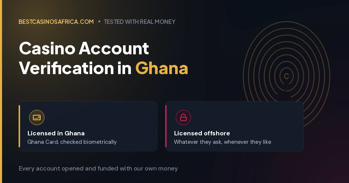Casino account verification in Ghana - guide cover contrasting Ghana-licensed sites, which check the Ghana Card biometrically, with offshore sites that ask for documents at their own discretion
