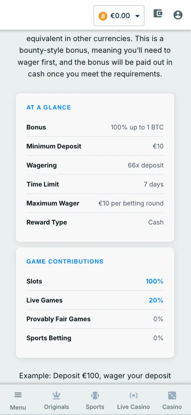 Cryptorino bonus terms and conditions fine print showing 66x wagering requirement and 7 day time limit