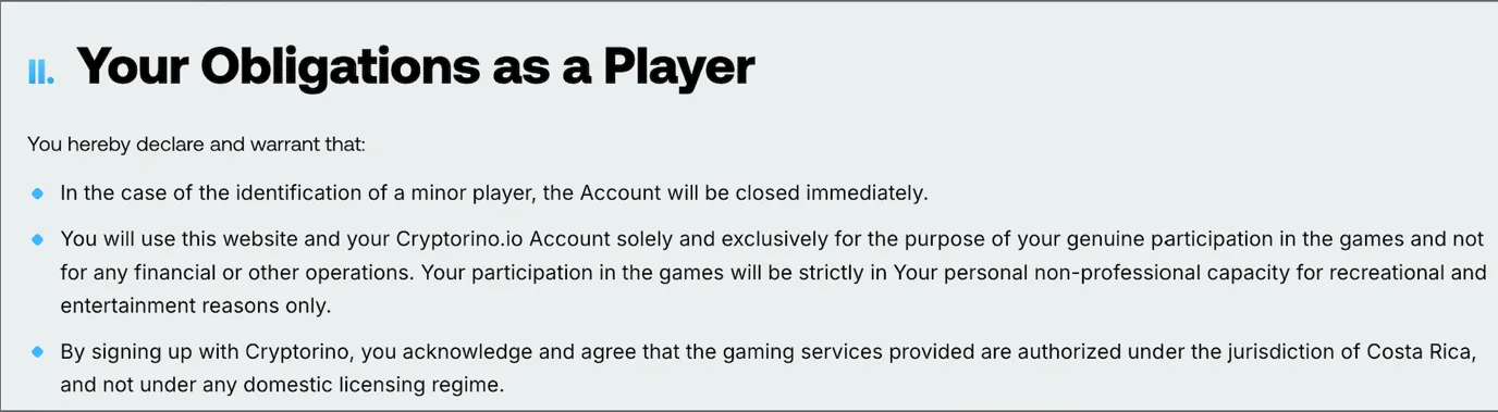 Cryptorino website footer showing no gambling licence number, regulator link or licence logo
