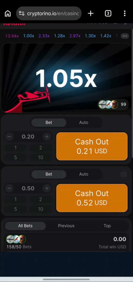 Cryptorino games lobby on mobile showing slots from multiple providers with a game running