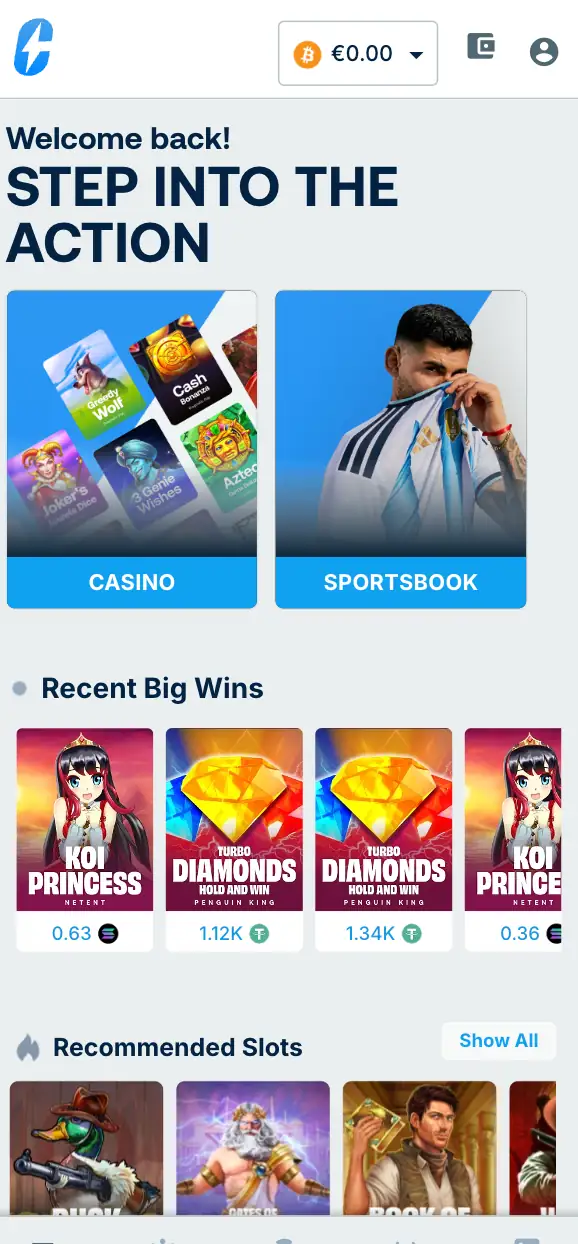 Cryptorino casino homepage on a mobile phone showing the games lobby and welcome bonus banner