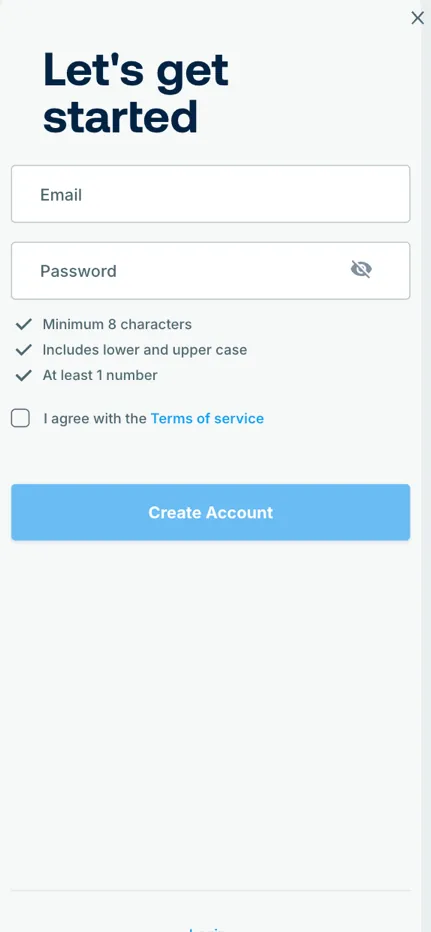 Cryptorino registration form on mobile requiring only email and password