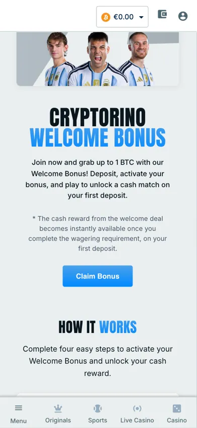 Cryptorino welcome bonus offer showing 100 percent match up to 1 BTC on first deposit