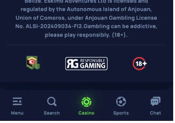 Cybet footer showing Eskimo Adventures Ltd Belize and Anjouan gambling licence ALSI-202409034-FI2