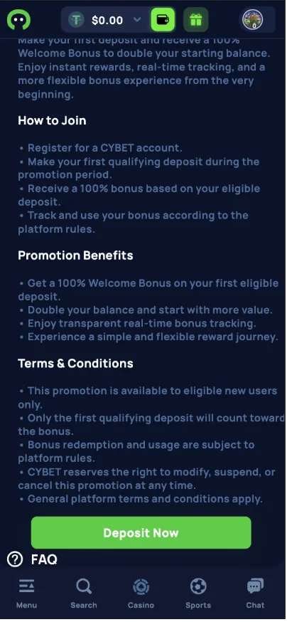 Cybet welcome bonus terms and conditions with no wagering requirement listed
