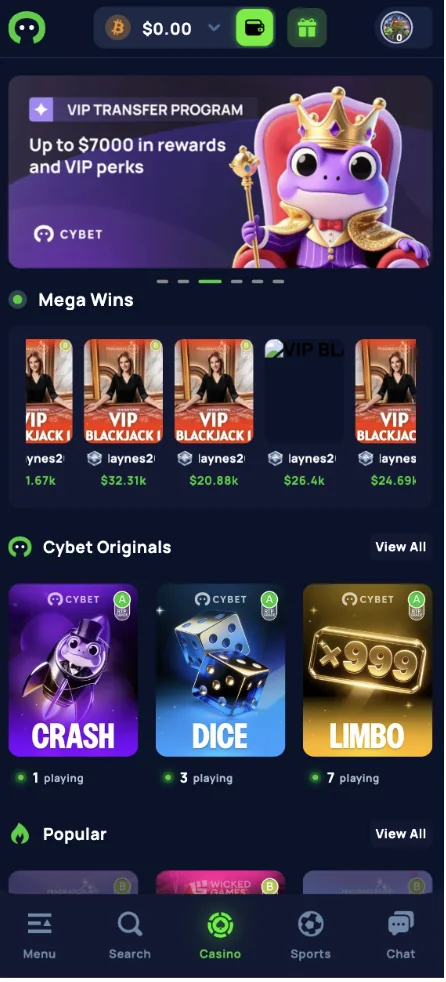 Cybet mobile casino lobby showing Cybet Originals Crash, Dice and Limbo games