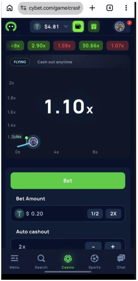 Playing Cybet Originals Crash on mobile at a 0.20 USDT stake with a 4.81 USDT balance