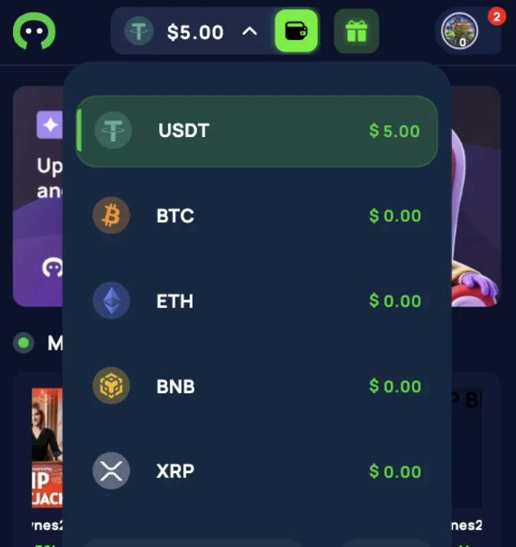 Cybet crypto wallet showing a 5 USDT balance alongside BTC, ETH, BNB and XRP options