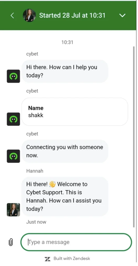 Cybet live chat connecting to a support agent one minute after opening at 10:31