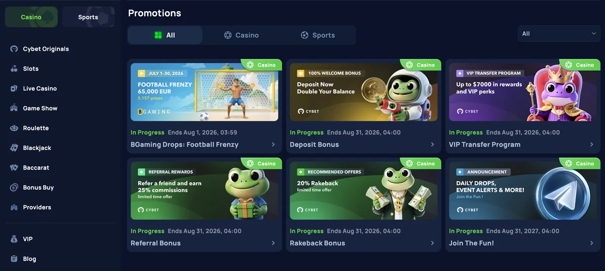 Cybet promotions page listing six active casino offers including rakeback and referral bonuses