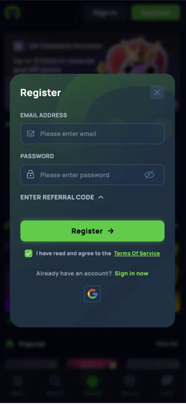 Cybet registration form requesting only an email address, password and optional referral code