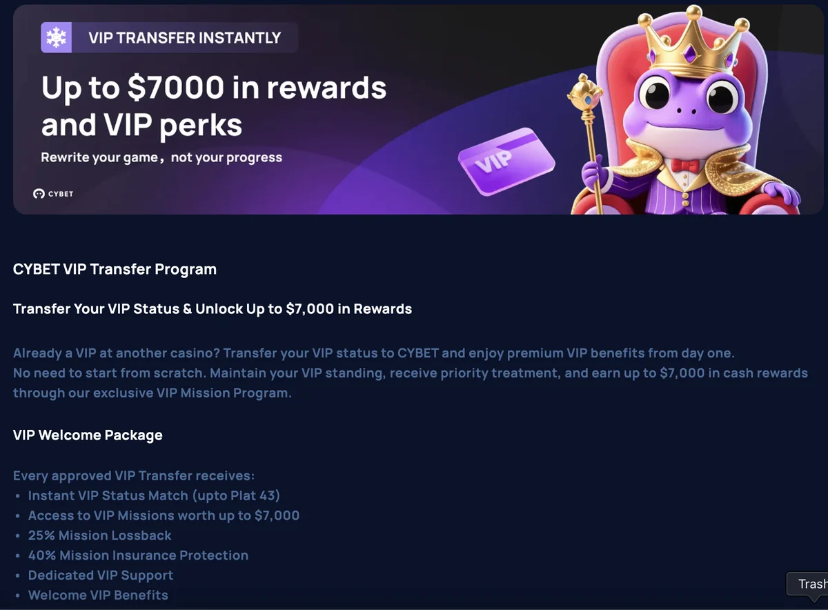 Cybet VIP Transfer Program offering status matching and up to 7,000 USD in mission rewards
