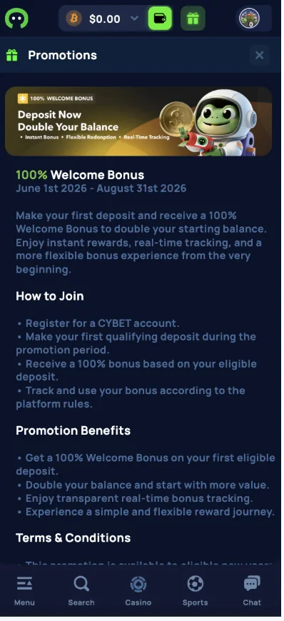 Cybet 100 percent welcome bonus page on mobile with joining steps and benefits
