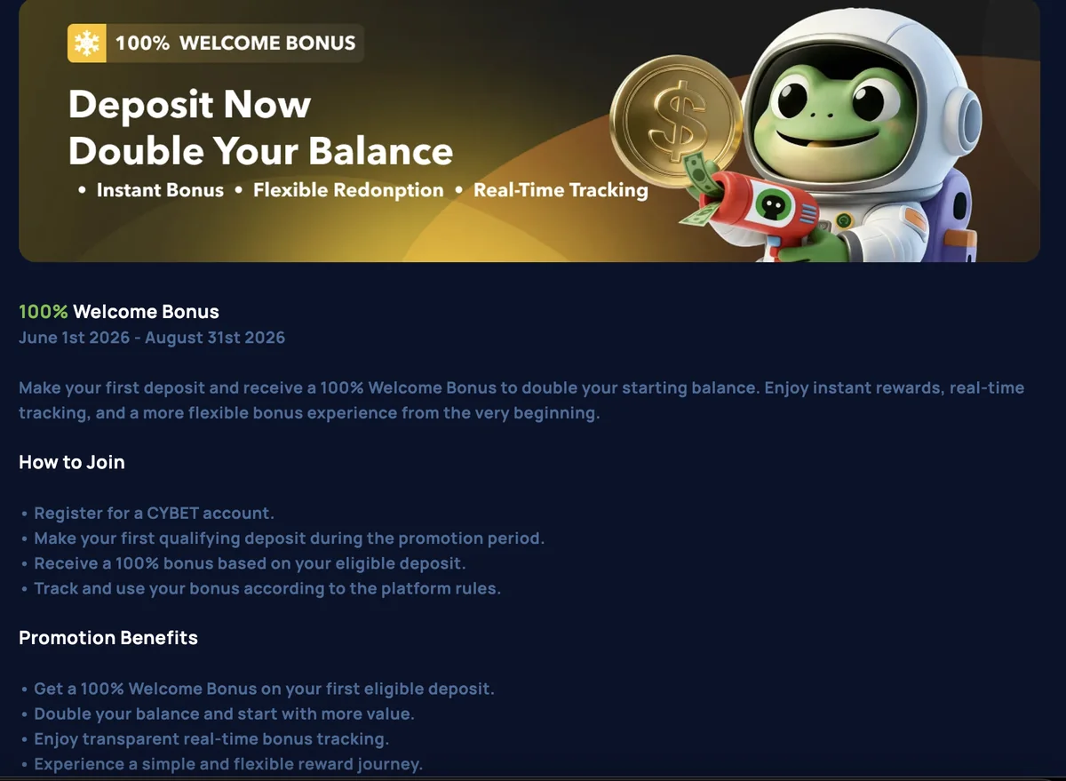 Cybet 100 percent welcome bonus page showing the full promotion terms