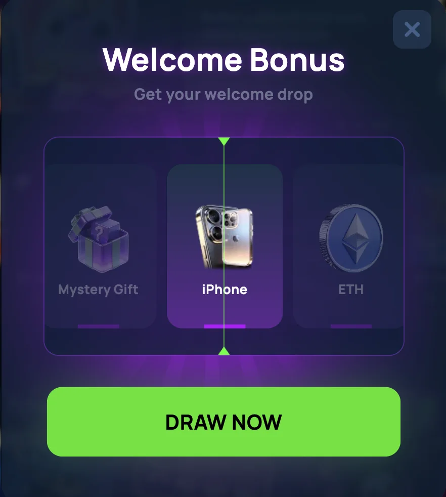 Cybet welcome drop wheel offering a mystery gift, an iPhone or ETH to new accounts