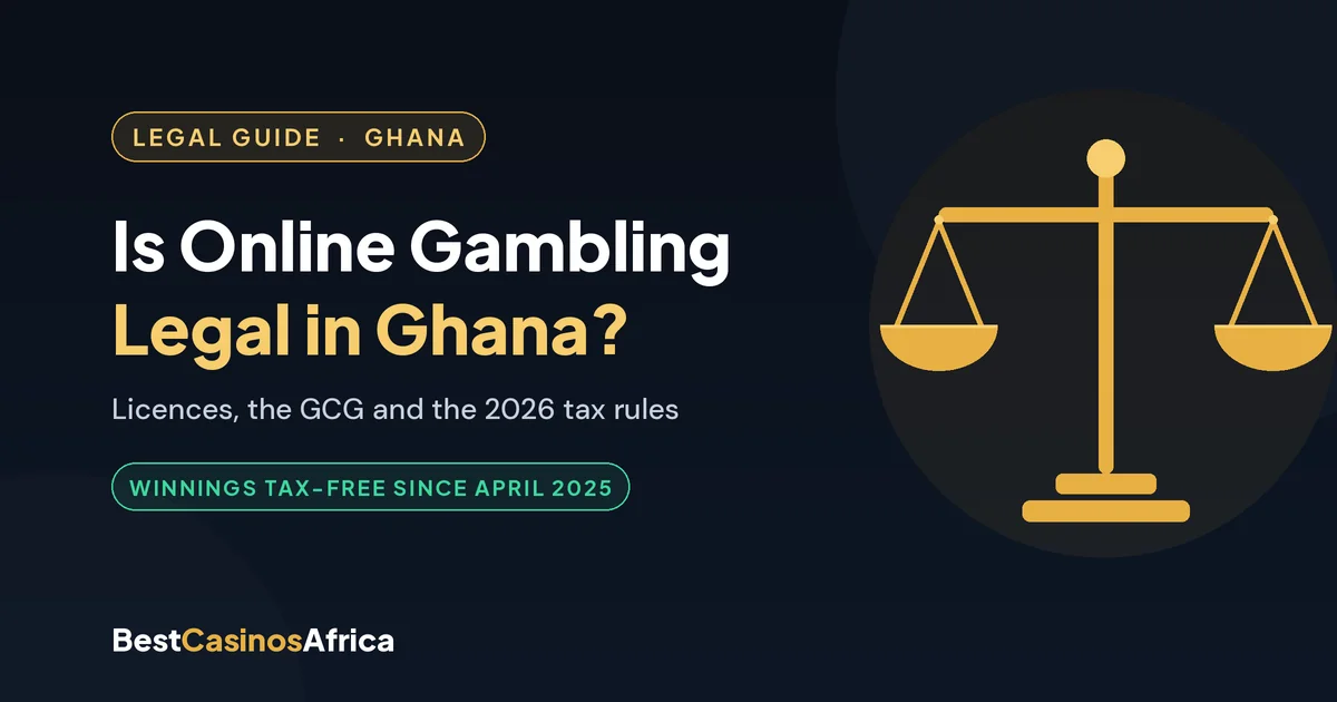 Is online gambling legal in Ghana - 2026 guide cover with gold scales of justice and a winnings tax-free since April 2025 badge