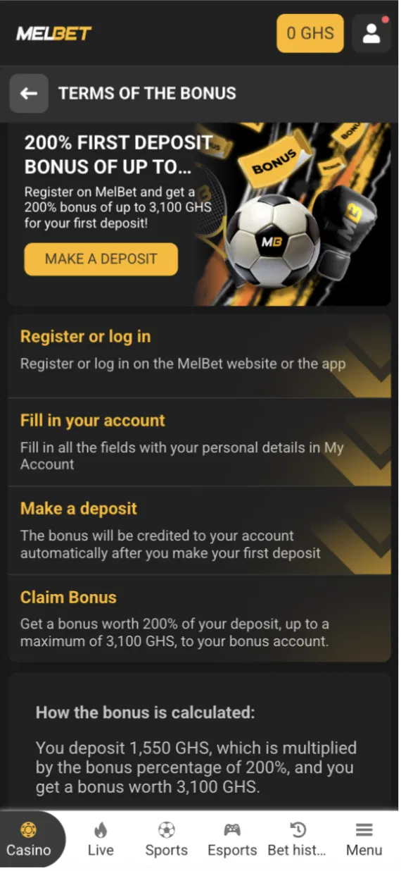 Melbet Ghana sports welcome bonus terms: 200% first deposit up to 3,100 GHS