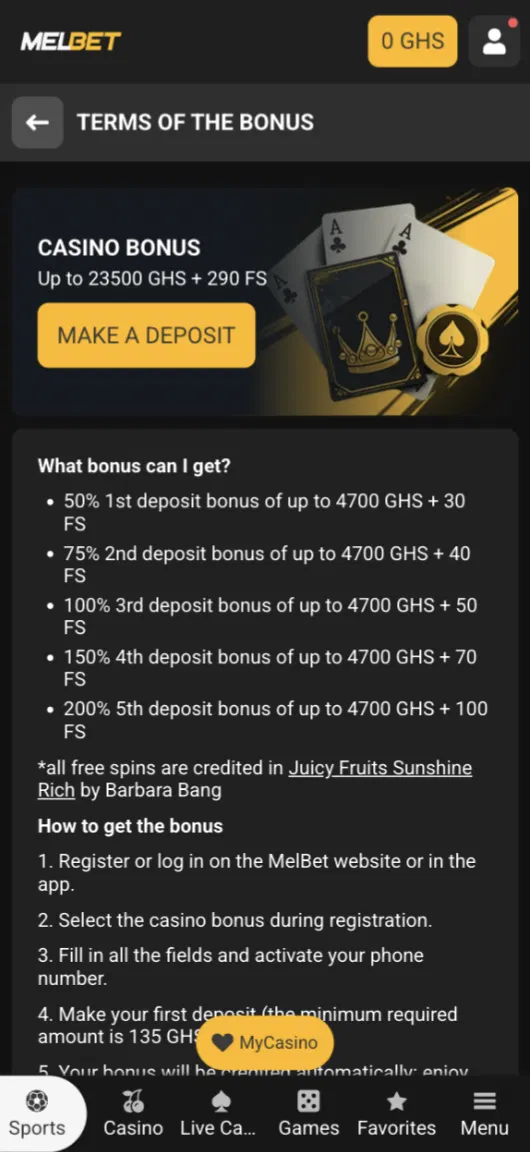 Melbet Ghana casino welcome package terms across five deposits with free spins