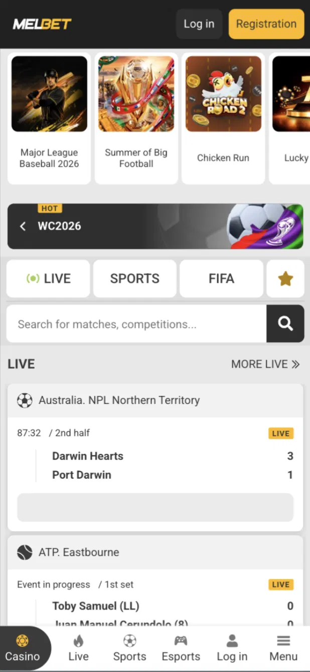 Melbet Ghana app lobby with live sports, casino and crash games on the home screen