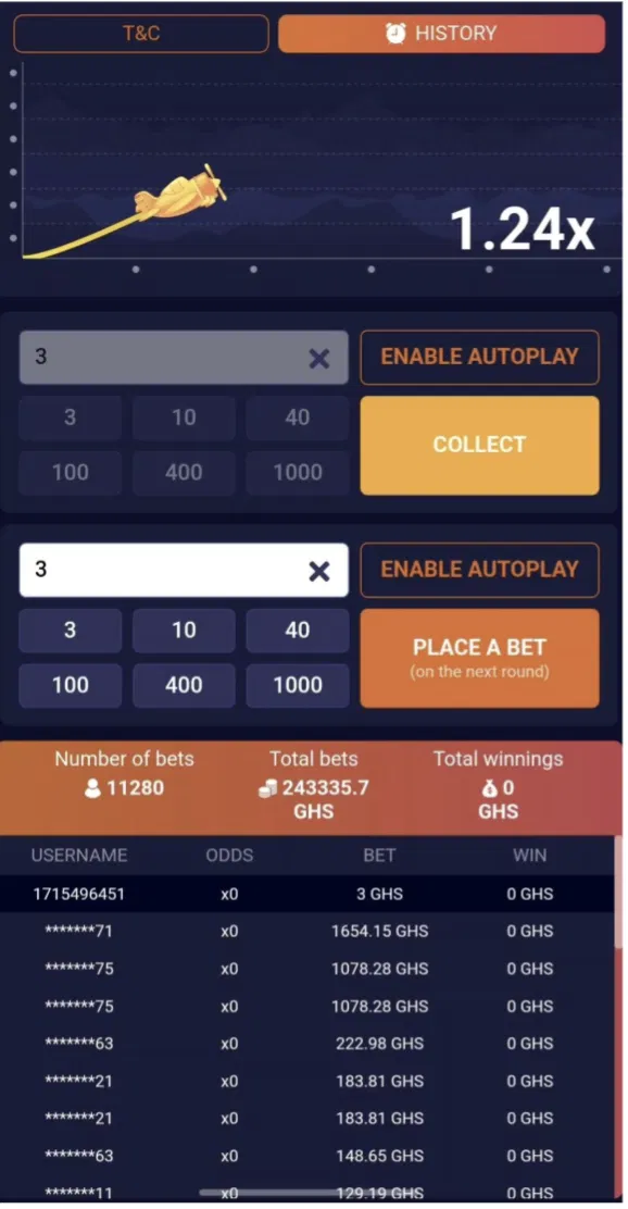Playing an Aviator-style crash game on Melbet Ghana with a live bet in progress
