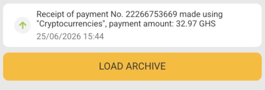 Melbet Ghana crypto deposit receipt for 32.97 GHS, 25 June 2026