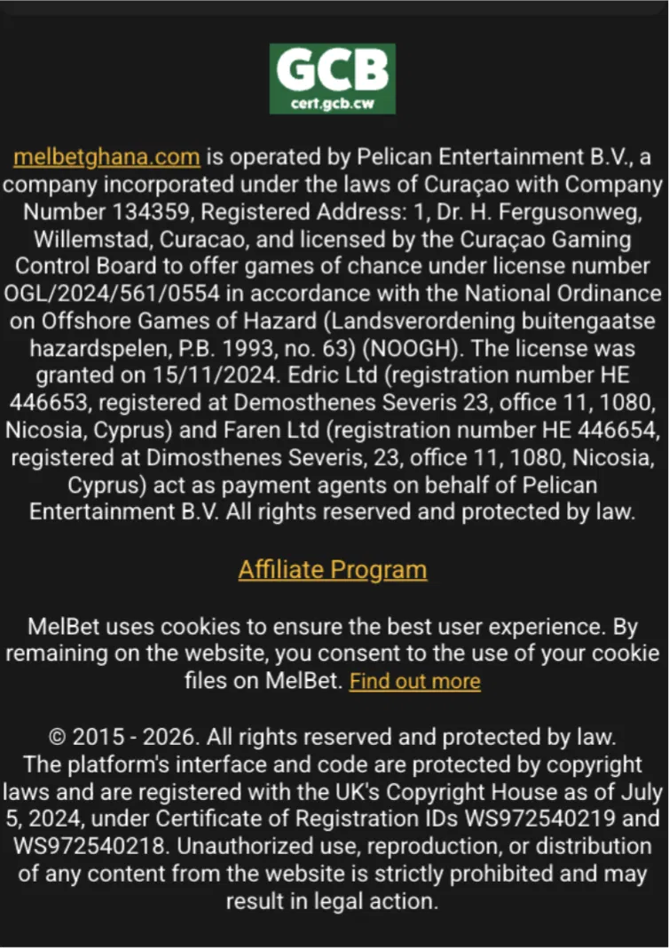 Melbet Ghana licence footer showing Pelican Entertainment B.V. and the Curacao Gaming Control Board licence
