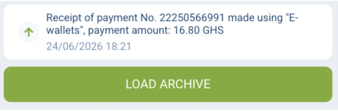 Melbet Ghana e-wallet deposit receipt for 16.80 GHS, 24 June 2026