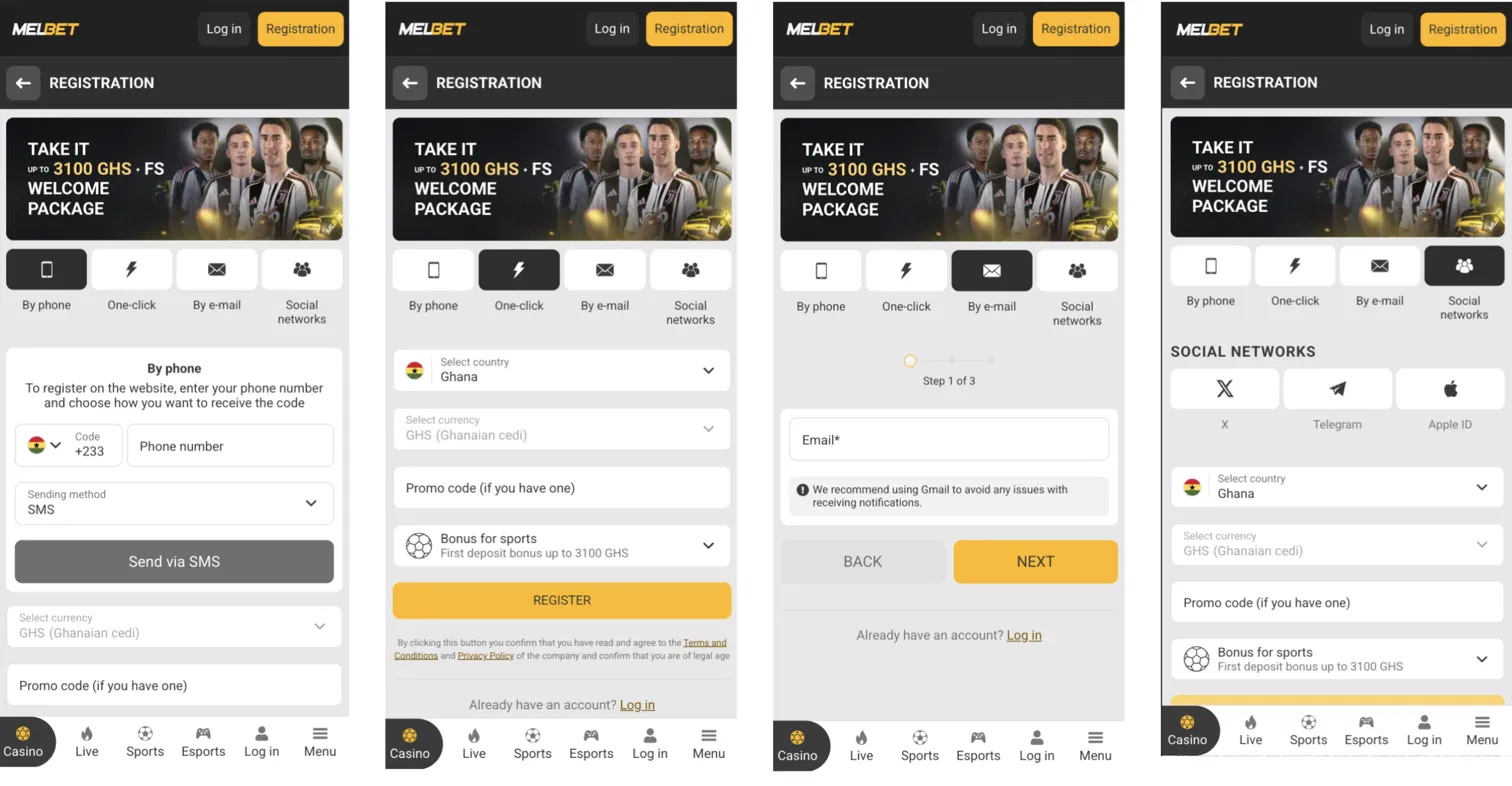 Melbet Ghana registration screen offering phone, one-click, e-mail and social network sign-up with Ghana and GHS pre-selected