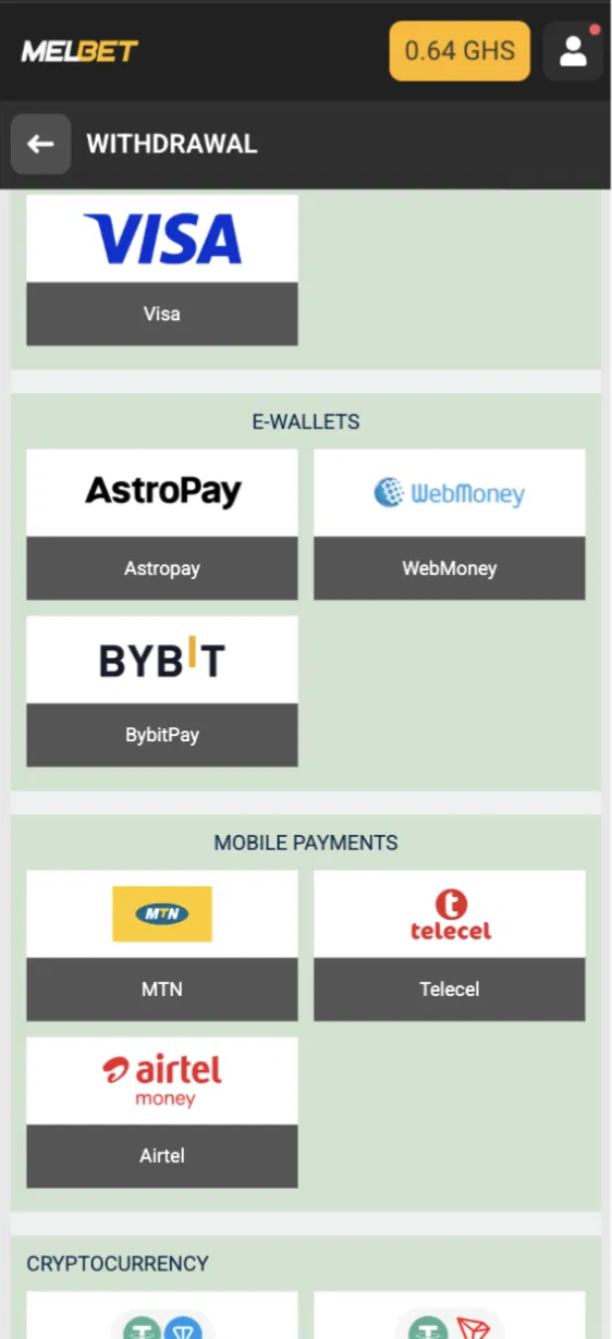 Melbet Ghana withdrawal methods including Visa, e-wallets, MTN, Telecel, Airtel and crypto