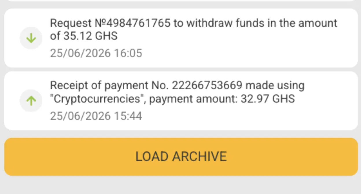Melbet Ghana crypto withdrawal request for 35.12 GHS on 25 June 2026 next to the matching deposit receipt