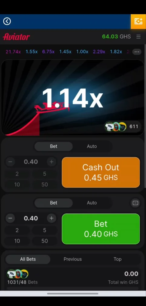 Aviator crash game round in progress at MostBet with a real GHS balance and an active bet
