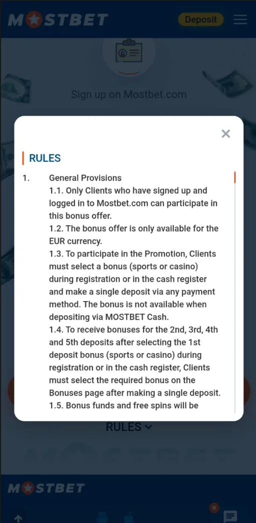 MostBet welcome bonus rules popup showing the general terms in fine print