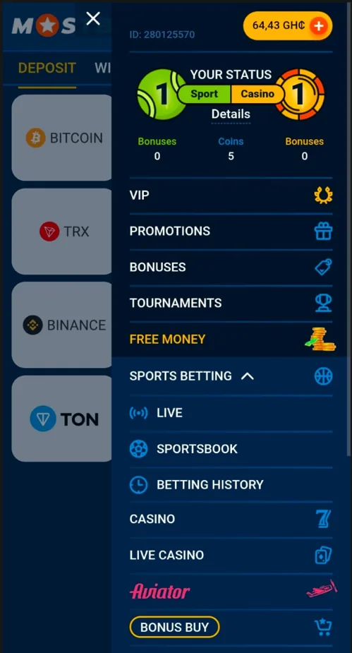 MostBet account menu with a funded GHS balance and crypto deposit options including Bitcoin and Binance