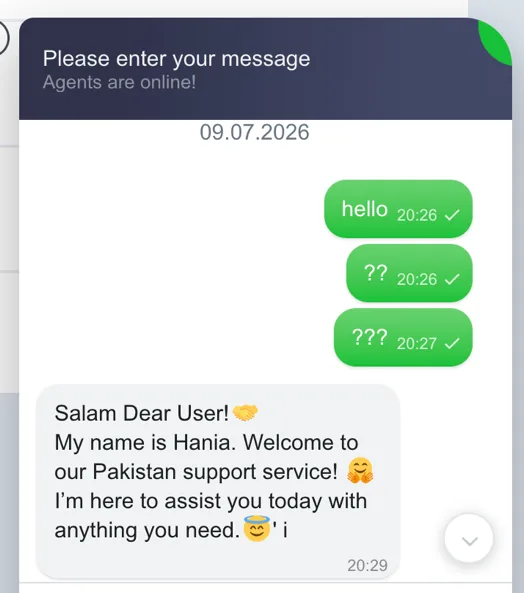 MostBet live chat conversation with a support agent replying to a test message