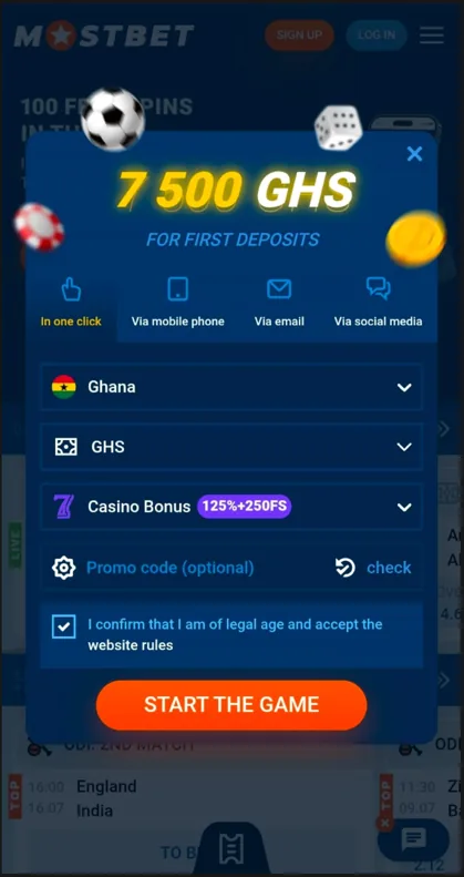 MostBet one-click registration for Ghana with GHS currency and casino bonus preselected
