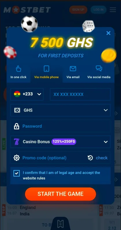 MostBet registration by phone number form with GHS currency selected