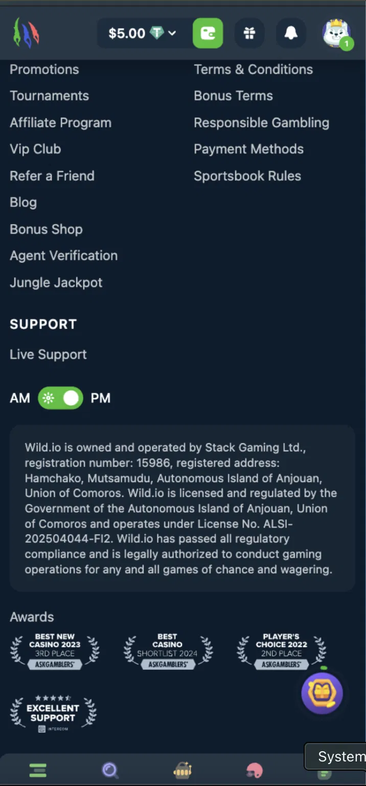 Wild.io Anjouan licence and Stack Gaming Ltd details in the site footer