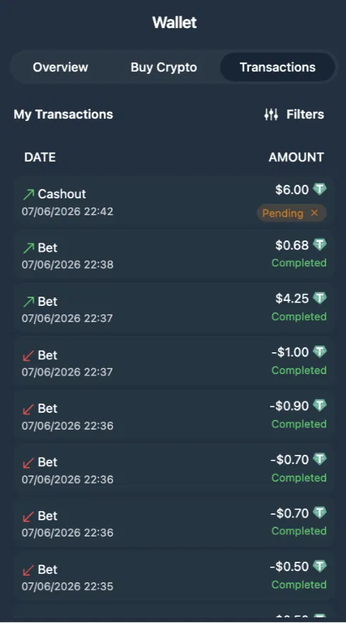 Wild.io 6 USDT cashout request shown pending in the transactions list