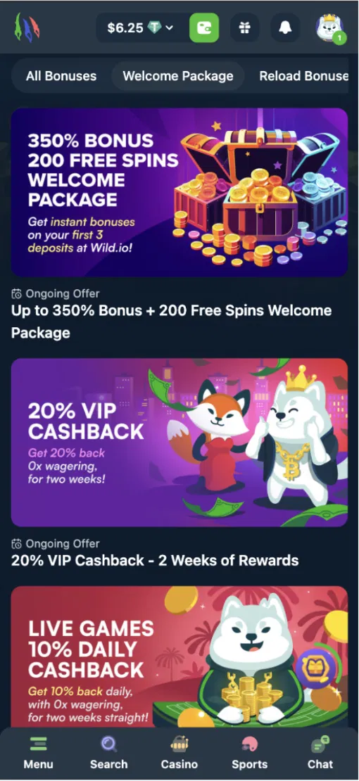 Wild.io casino bonuses including welcome package and 20 percent VIP cashback