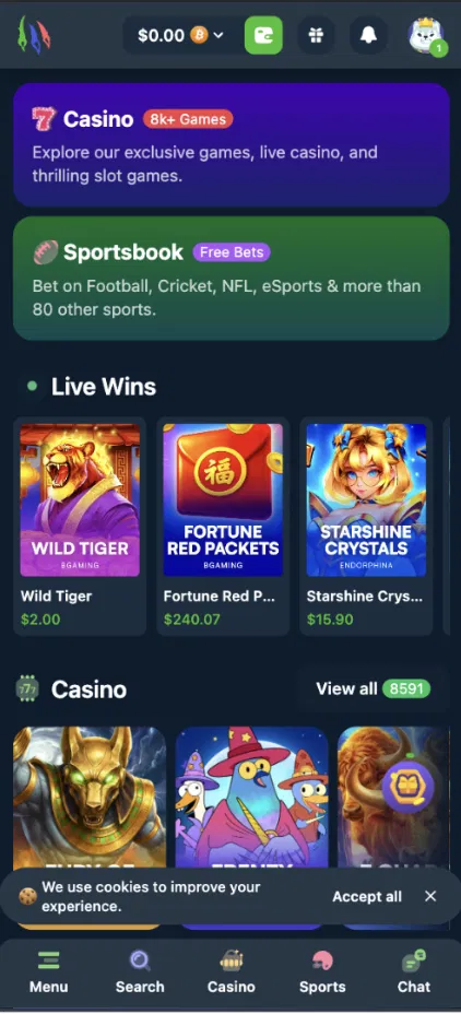 Wild.io Ghana review: casino and sportsbook lobby with 8,000-plus games
