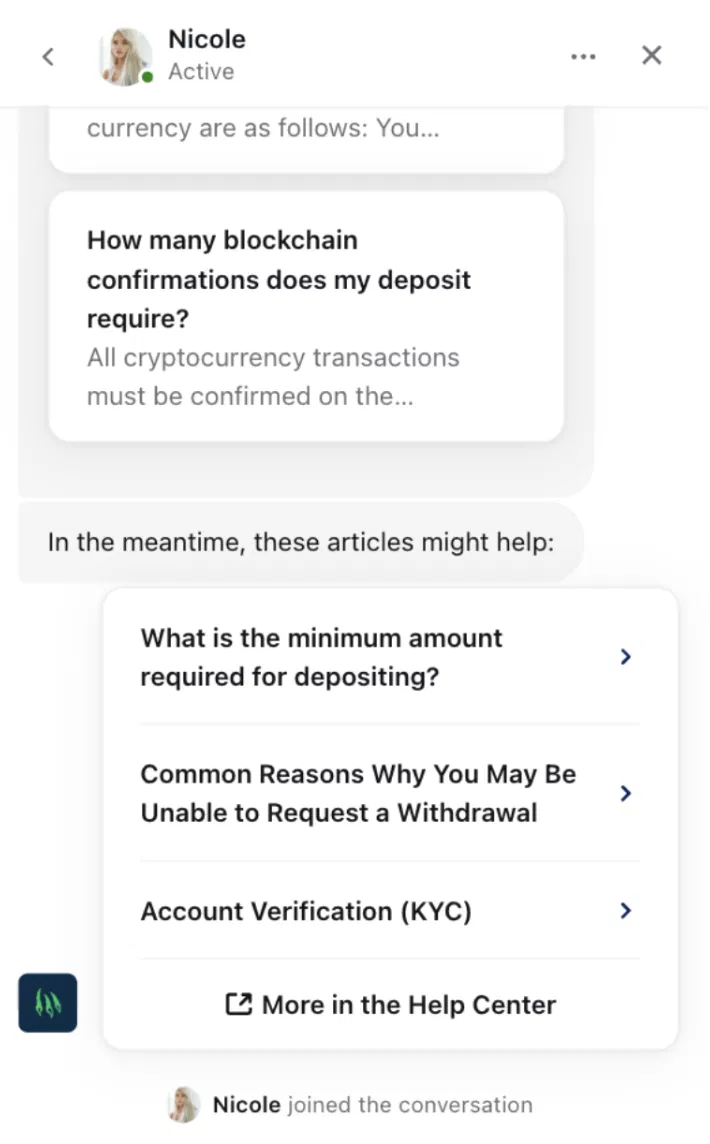 Wild.io live chat support with a KYC and withdrawal help article