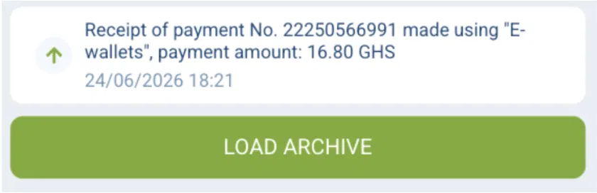 Mobile money receipt of 16.80 GHS used to fund crypto for Wild.io from Ghana