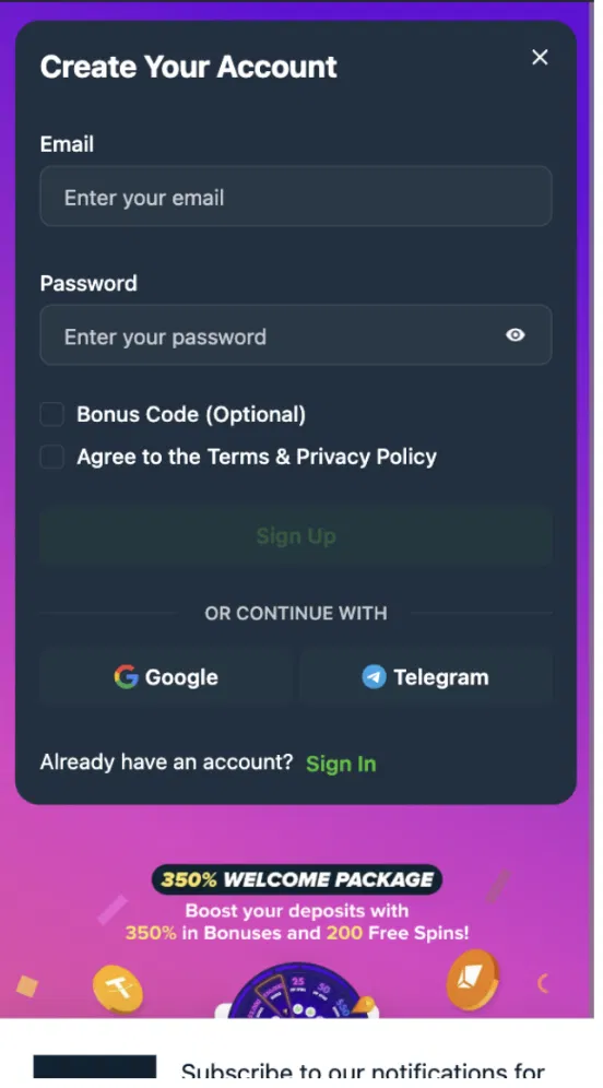 Wild.io registration form to create an account with email and password